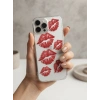 VipMarketim iPhone 15 Pro Max Kırmızı Dudak / Öpücük Desenli Şeffaf Telefon Kılıfı
