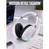 VipMarketim Kablosuz Bluetooth Mikrofonlu Beyaz Kulaklık RGB Işıklı