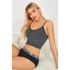VipMarketim Kadın Anstrasit Gri İp Askılı Crop Top Bluz