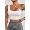 VipMarketim Kadın Beyaz Tek Omuzlu Çapraz Askılı Crop Top Büstiyer