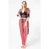 VipMarketim Kadın Dokuma Viskon Çizgili Dantelli Sabahlık Balensiz Desteksiz Dolgusuz Zincir Askılı Yaka Detaylı Bralet Sütyen Ve Pantolon Pijama 3Lü Takım ( ) (Kod:5665)