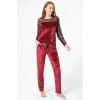 VipMarketim Kadın Kadife Puantiyeli Tüllü Sırt Detaylı Uzun Kollu Sweatshirt Ve Yandan Cepli Pantolon Pijama Takım ( ) (Kod:9798)