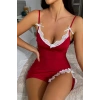 VipMarketim Kadın Kırmızı Bacak Yırtmaçlı Beyaz Dantelli ve Fiyonklu Şık Gecelik