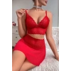 VipMarketim Kadın Kırmızı Dantel ve Tül Detaylı Etekli Şık Gecelik Takımı