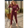 VipMarketim Kadın Pamuklu Göğüs İşlemeli Bel Detaylı Uzun Kollu Sweatshirt Ve Pantolon Pijama Takım ( ) (Kod:9752)