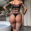 VipMarketim Kadın Seksi 2 Parça Taşlı Omuzları Açık Crop- Şort Vücut Çorabı