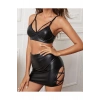 VipMarketim Kadın Seksi Biye Detaylı Deri Etek Sütyen İkili Kostüm Takım