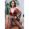 VipMarketim Kadın Viskon Çizgili Sabahlık Balensiz Desteksiz Dolgusuz Dantelli Bralet Sütyen Ve Pantolon Pijama 3Lü Takım ( ) (Kod:5660)