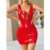 VipMarketim  Kırmızı Arkası İp Dekolteli Mini Fantezi Parlak Deri Elbise