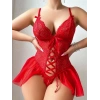 Vipmarketim Kırmızı Dantel Detaylı Önü Dekolteli Fantezi Babydoll