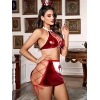 VipMarketim Kırmızı Göğüs Dekolteli Parlak Mini Etekli Deri Fantezi Hemşire Kostümü