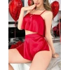 Vipmarketim Kırmızı İnce Askılı Kurdelalı Saten Şortlu Takım