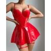 VipMarketim  Kırmızı Parlak Deri Şık Bacak Bantlı Fantezi Club Elbise