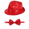 VipMarketim Kırmızı Payetli Şapka ve Papyon Seti – Parıltılı Yetişkin Kostüm Seti