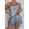 VipMarketim Love Baskılı Gri Saten Şortlu Gecelik Takım