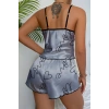 VipMarketim Love Baskılı Gri Saten Şortlu Gecelik Takım