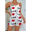VipMarketim Love Desenli Beyaz Saten Şortlu Gecelik Takım