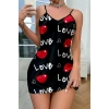 VipMarketim Love Desenli Siyah Saten Gecelik