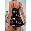 VipMarketim Love Desenli Siyah Saten Gecelik