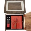 VipMarketim Özel Ahşap Kutulu Kahve Deri Defter ve Anahtarlık Set