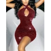 VipMarketim  Özel Tasarım Boyundan Bağlamalı Dekolteli Işıltılı Fantezi Bordo Mini Club Elbisesi