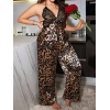 VipMarketim  Özel Tasarım Büyük Beden Leopar Desenli İnce Askılı 2li Saten Pijama Takımı