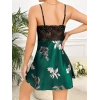VipMarketim  Özel Tasarım Çiçek Desenli İnce Askılı Dantel İşlemeli Yeşil Mini Saten Gecelik