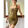 VipMarketim  Özel Tasarım Göğüs Dekolteli Tek Omuz Parlak Işıltılı Gold Fantezi Mini Club Elbisesi
