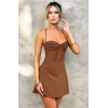 VipMarketim  Özel Tasarım İnce Askılı Sırt Dekolteli Kahverengi Mini Saten Gecelik