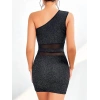 VipMarketim Özel Tasarım Siyah Tek Omuz Dekolteli Işıltılı Fantezi Mini Club Elbisesi