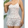 VipMarketim  Pamuklu Beyaz Üstüne Çiçek Desen Fitilli Askılı Şortlu Pijama Takımı