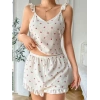 VipMarketim  Pamuklu Beyaz Üstüne Kiraz Desen Fırfır Askılı Şortlu Pijama Takımı