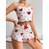 VipMarketim  Pamuklu Beyaz Üstüne Kırmızı Kalp Desenli Askılı Şortlu Pijama Takımı