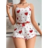 VipMarketim  Pamuklu Beyaz Üstüne Kırmızı Kalp Desenli Askılı Şortlu Pijama Takımı