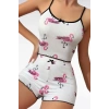 VipMarketim  Pamuklu Beyaz Üstüne Pelikan Desen Fitilli Askılı Şortlu Pijama Takımı