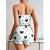 VipMarketim  Pamuklu Beyaz Üstüne Siyah Kalp Desen Fitilli Askılı Şortlu Pijama Takımı