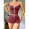 VipMarketim  Pamuklu Kahverengi Üstüne Beyaz Kalp Desen Fitilli Askılı Şortlu Pijama Takımı