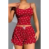 VipMarketim  Pamuklu Kırmızı Üstüne Beyaz Kalp Desen Fitilli Askılı Şortlu Pijama Takımı