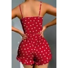 VipMarketim  Pamuklu Kırmızı Üstüne Beyaz Kalp Desen Fitilli Askılı Şortlu Pijama Takımı