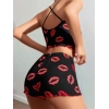 VipMarketim  Pamuklu Kiss Öpücük Desen Siyah Fitilli Şortlu Pijama Takımı