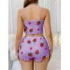 VipMarketim  Pamuklu Lila Üstüne Çilek Desen Fitilli Askılı Şortlu Pijama Takımı