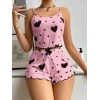 VipMarketim  Pamuklu Pembe Üstüne Siyah Kalp Desenli Askılı Fitilli Şortlu Pijama Takımı