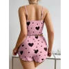VipMarketim  Pamuklu Pembe Üstüne Siyah Kalp Desenli Askılı Fitilli Şortlu Pijama Takımı