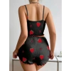 VipMarketim  Pamuklu Siyah Üstüne Çilek Desen Fitilli Askılı Şortlu Pijama Takımı