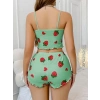 VipMarketim  Pamuklu Yeşil Üstüne Çilek Desen Fitilli Askılı Şortlu Pijama Takımı