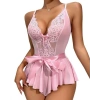 VipMarketim  Pembe Dantel İşlemeli Kurdelalı Fantezi Tül Babydoll