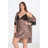 Vipmarketim Premium Büyük Beden Saten Dantel İşlemeli Leopar 2li Gecelik Sabahlık Takımı Bigsize