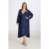 Vipmarketim Premium Büyük Beden Saten Lacivert Uzun 2li Gecelik Sabahlık Takımı Bigsize