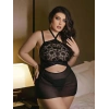 VipMarketim  Siyah Dantel İşlemeli Göğüs Dekolteli Boyundan Bağlamalı Fantezi String Tül Gecelik Takımı