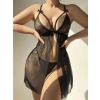 VipMarketim  Siyah Dantel İşlemeli Göğüs İp Detaylı Dekolteli Fantezi Tül Gecelik String Takımı